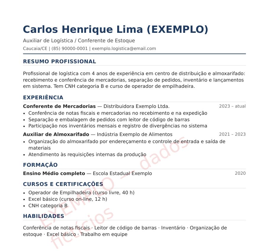 Exemplo de currículo no modelo clássico (azul), com dados fictícios e marca EXEMPLO