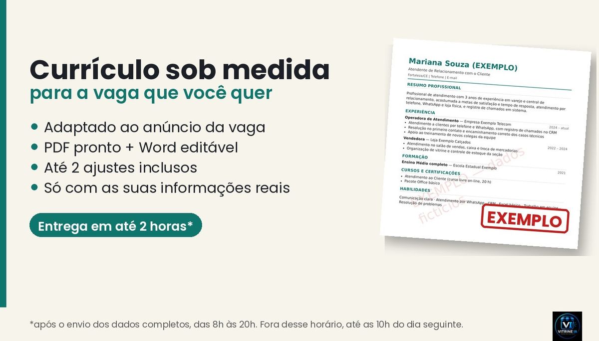 Currículo sob medida VITRINEIA: adaptado ao anúncio da vaga, PDF e Word, até 2 ajustes. Ao lado, um currículo de exemplo com dados fictícios marcado EXEMPLO.